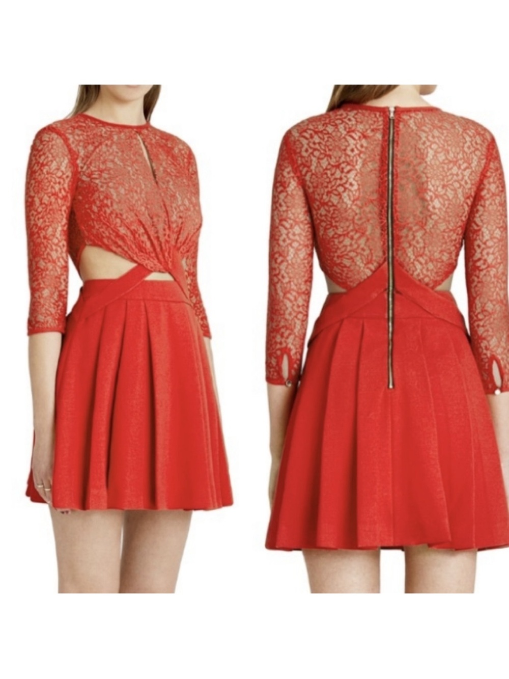 Three Floor Red Red Lace Skater Dress Lace Fit-and-Flare Cutout Size 2 NEW